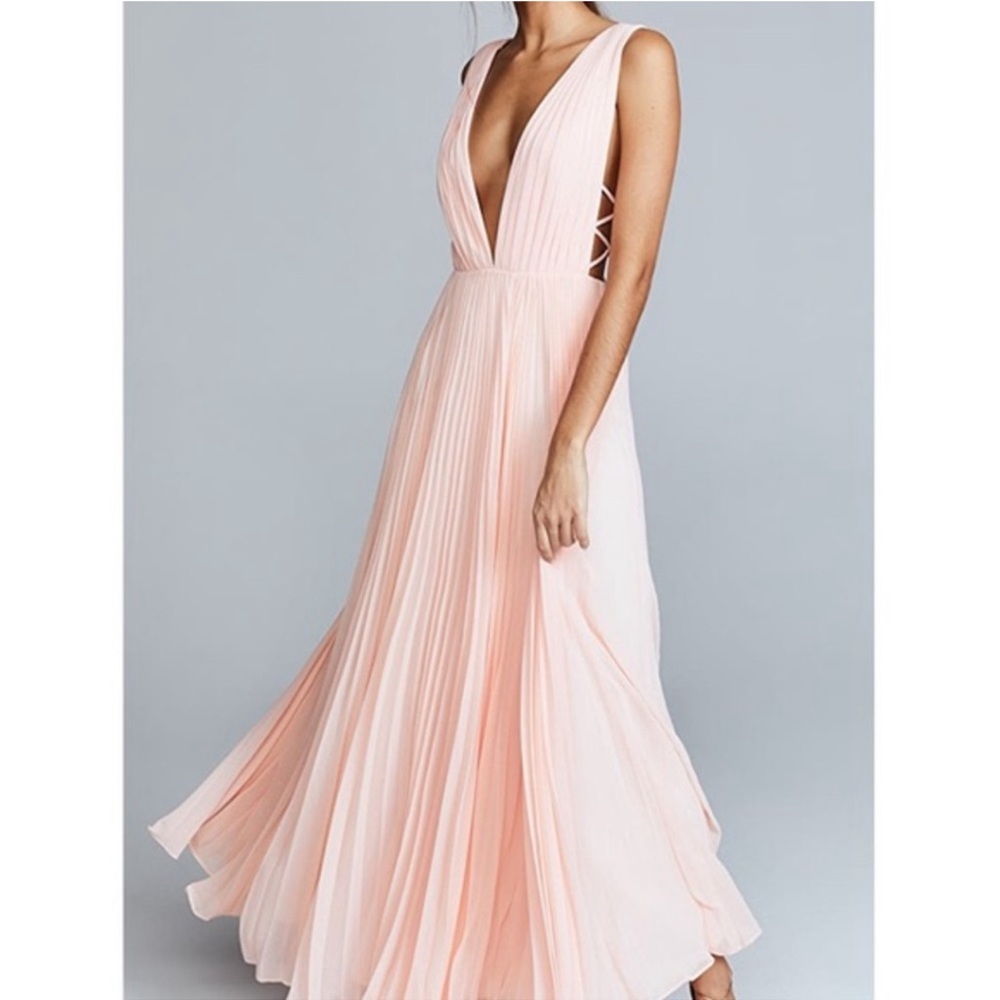 Fame and Partners Pink Pleated Maxi wedding guest dress